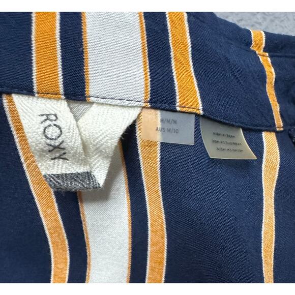 Roxy Suburbs Vibes Stripes Top Women's M Navy Yellow Button Tie Collared Button - Picture 6 of 11